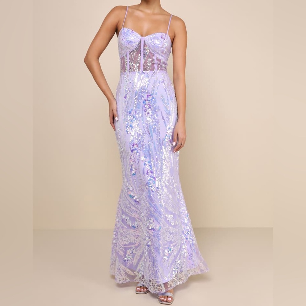 Lulu’s NWOT Perfection Seeker Lavender Iridescent Sequin Bustier Prom Maxi Dress - Picture 5 of 15